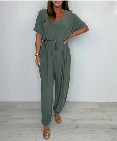 Elsa | Bomulds jumpsuit med V-hals og bindebånd
