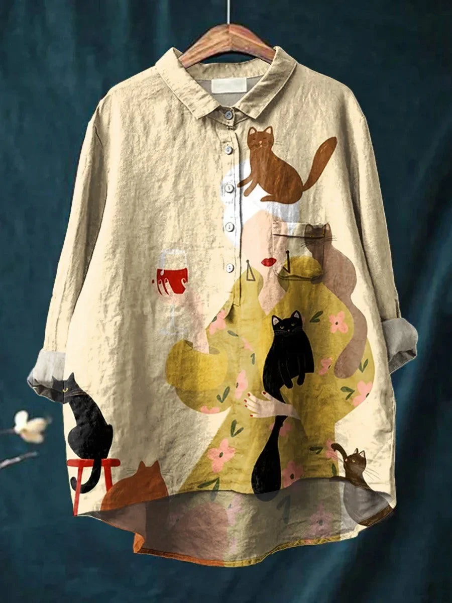 Mina | Bluse med katte- og blomsterprint